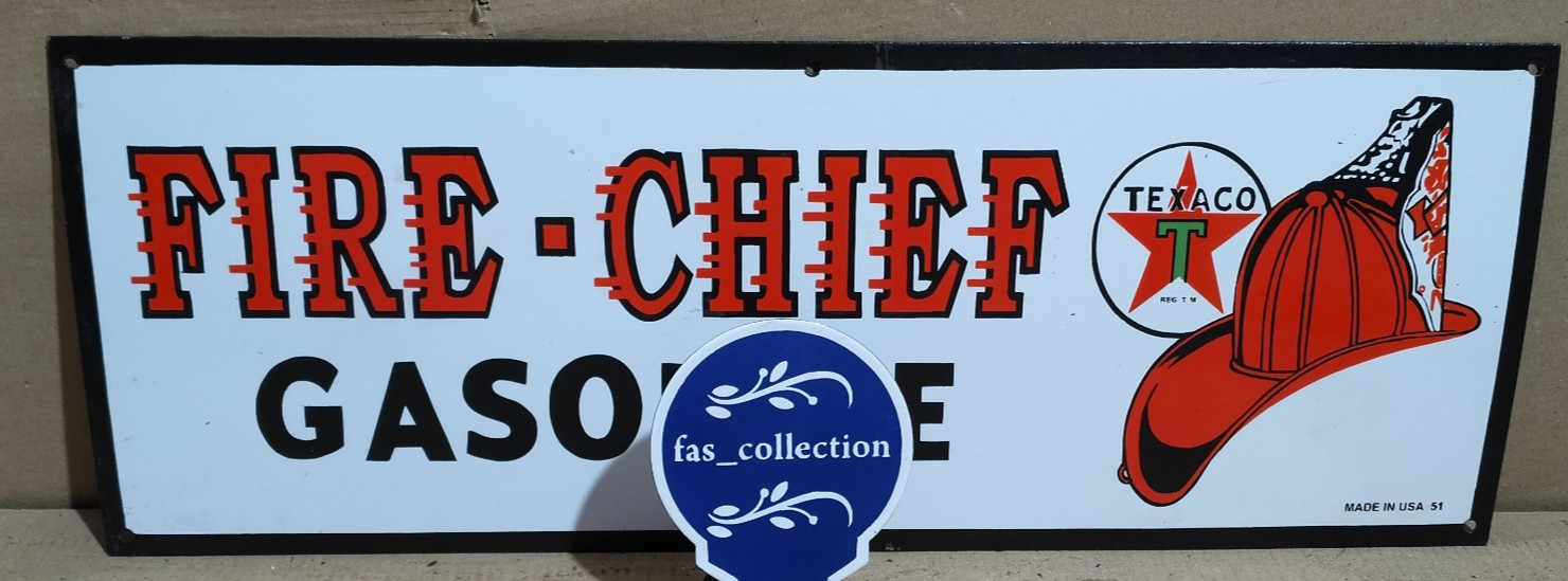 Texaco Fire Chief Porcelain Enamel Sign  30 x 11 Inches 1 Sided