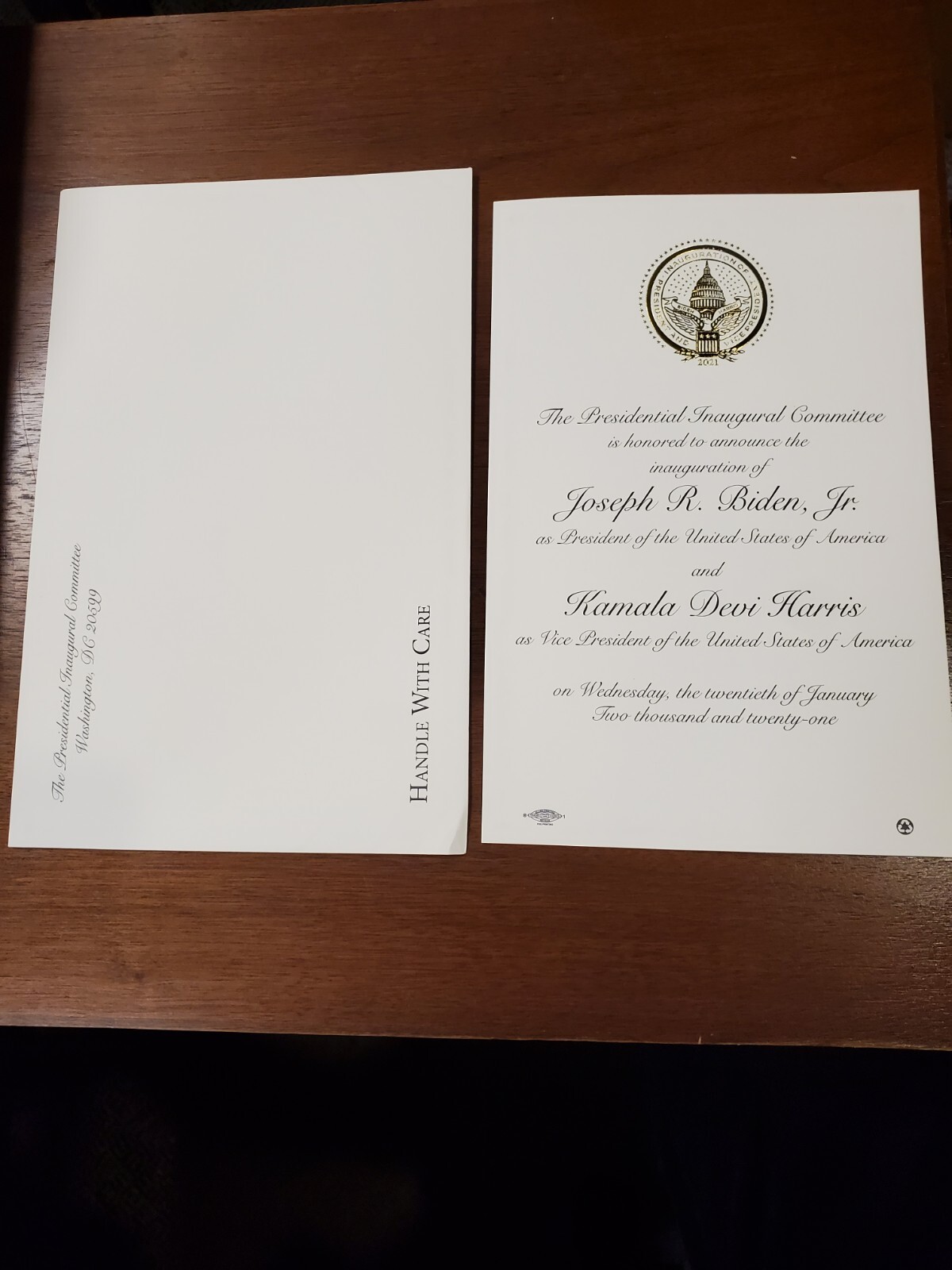 2021 Biden and Harris President Inaugural Invitation Announcement