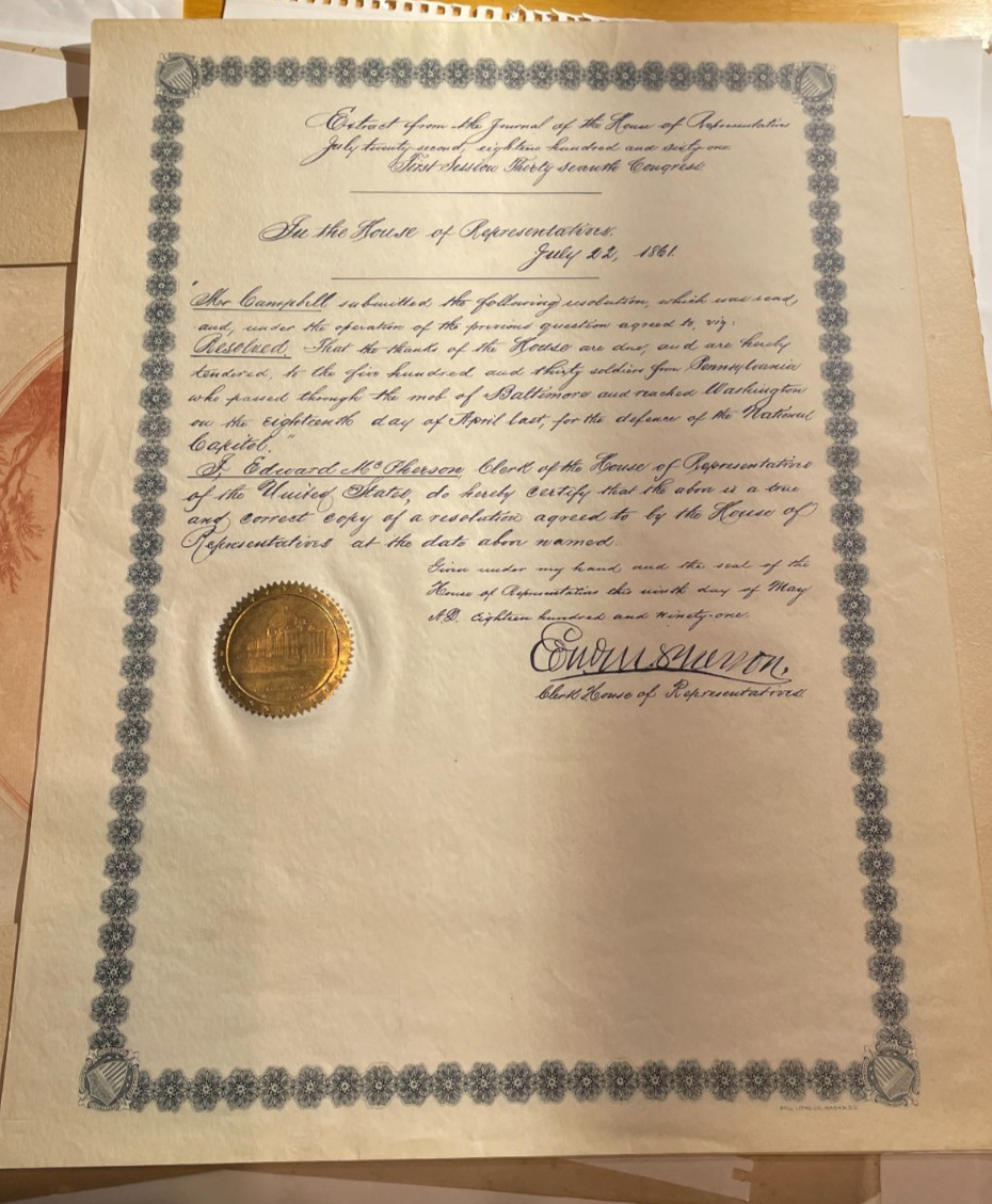 1891 Official U.S. House of Representatives Certified Extract Civil War 1861 Res