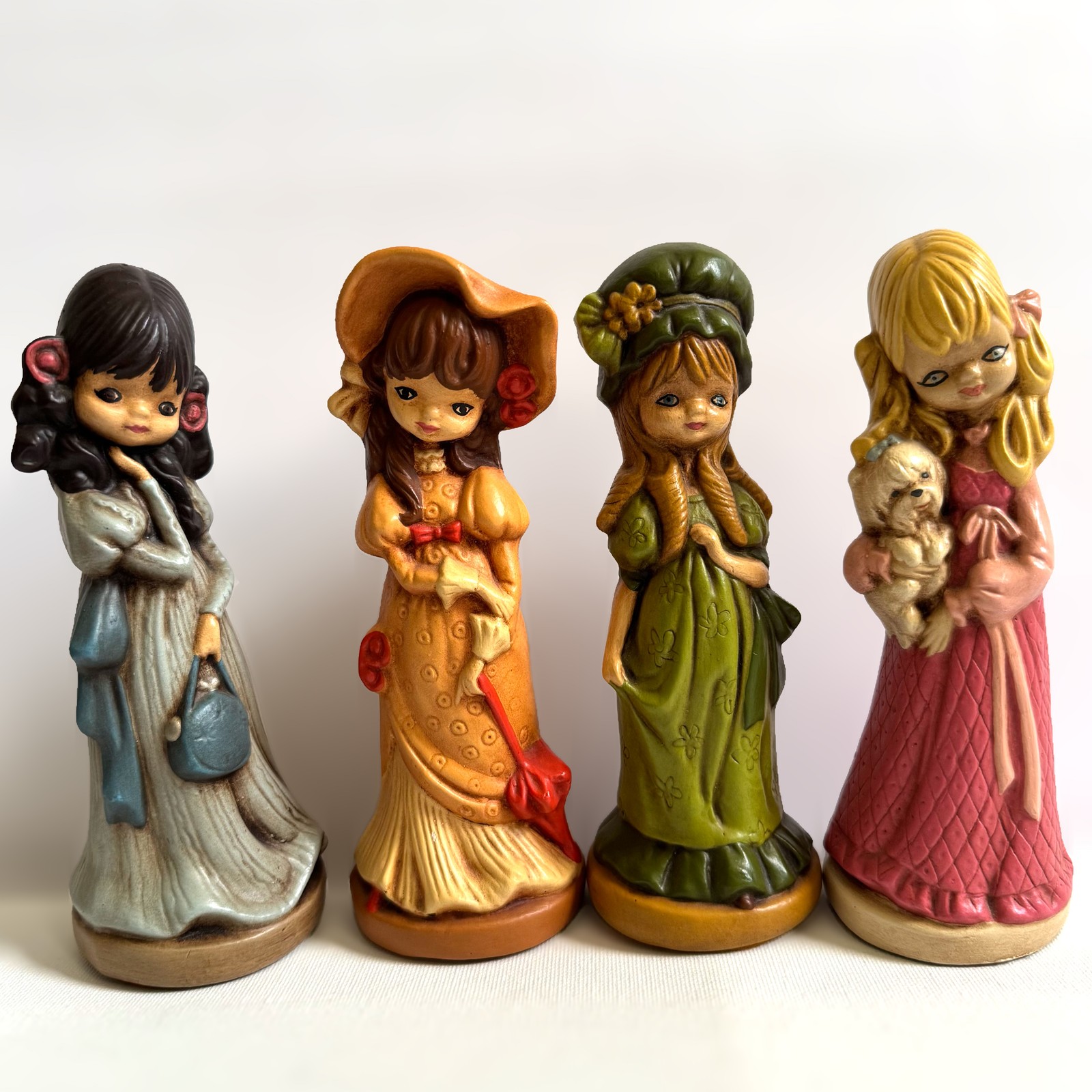 Vintage Big Eyed Girl Chalkware Figurines Set of 4 MCM Kitsch 1970s Shelf Decor