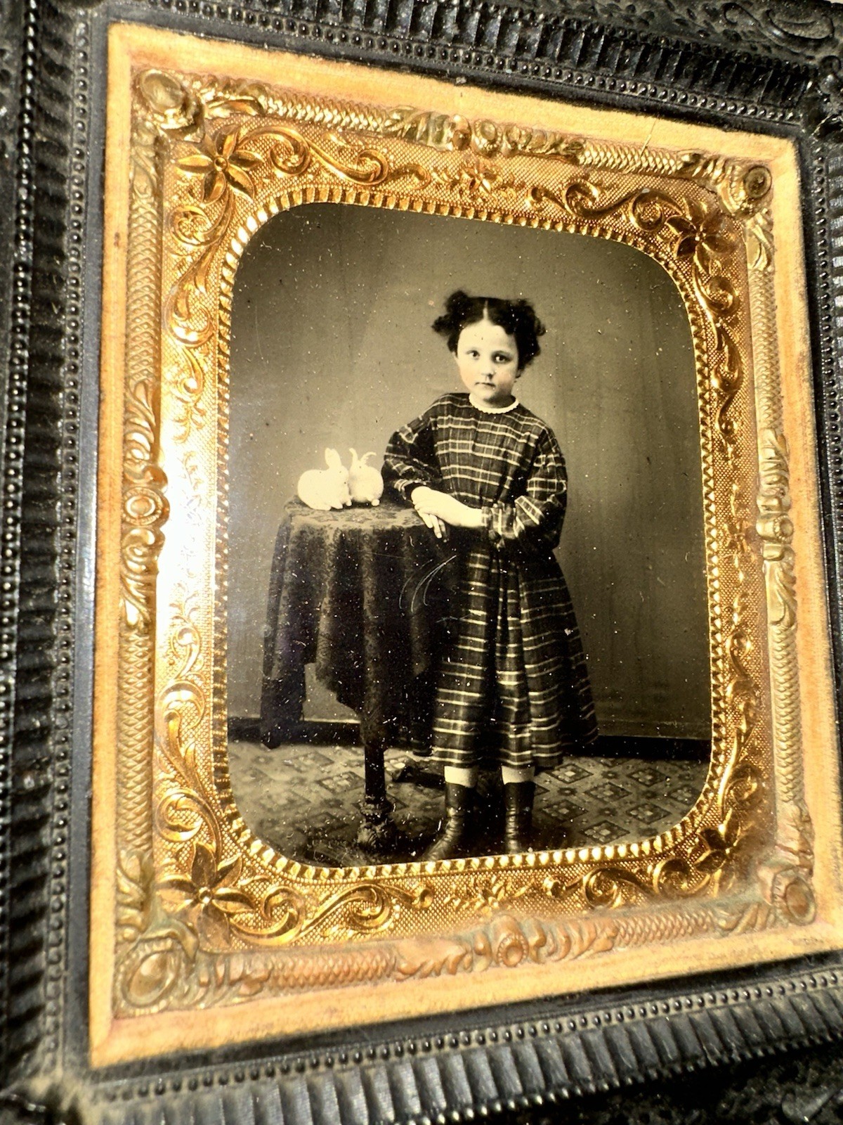 Great 1/6 1860s Tintype in Wall Frame Little Girl with Rare Toy Rabbit Photo