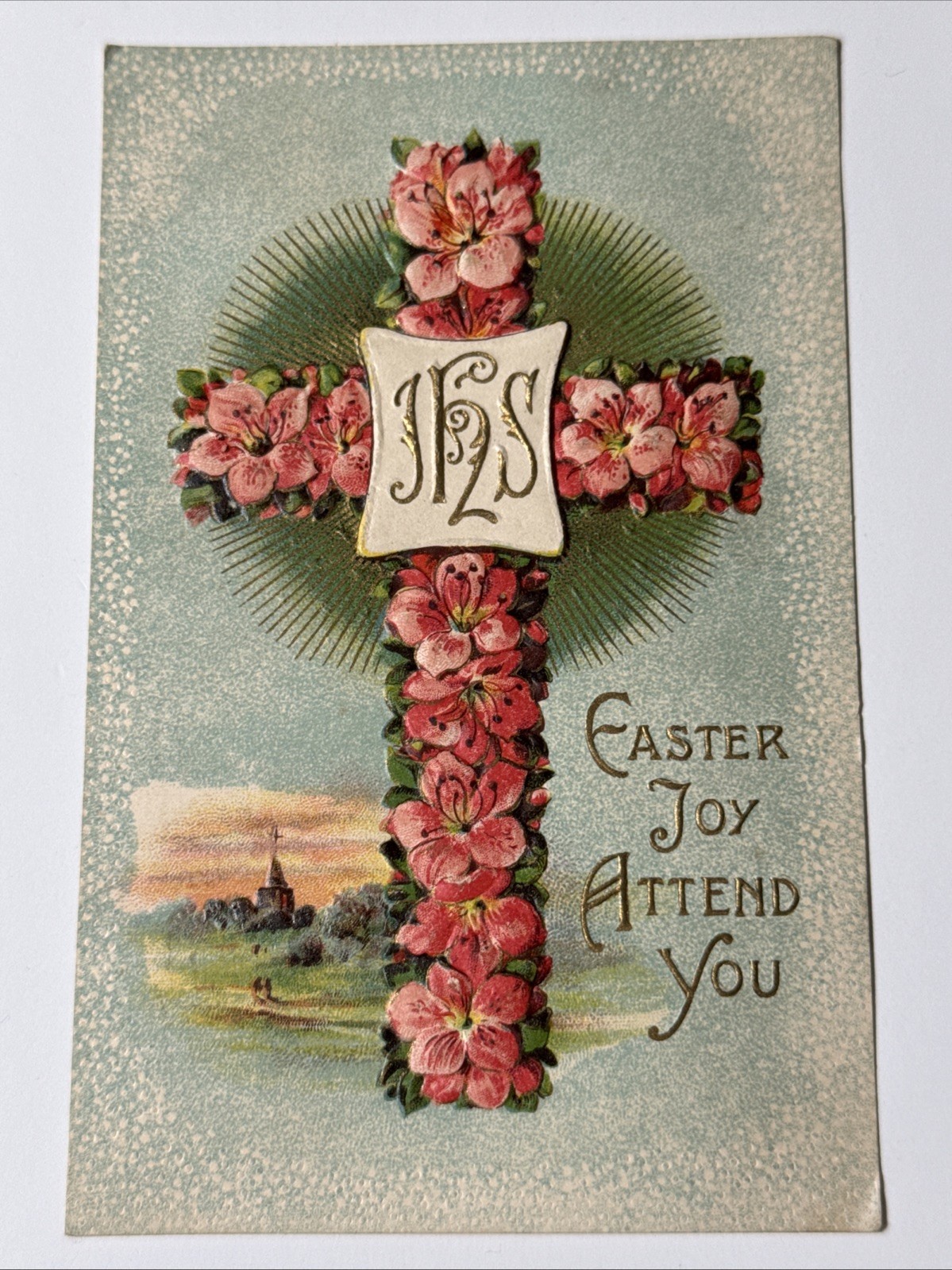 Newark NJ 1916 Embossed Religious Cross Floral EASTER Greeting Card Postcard Vtg