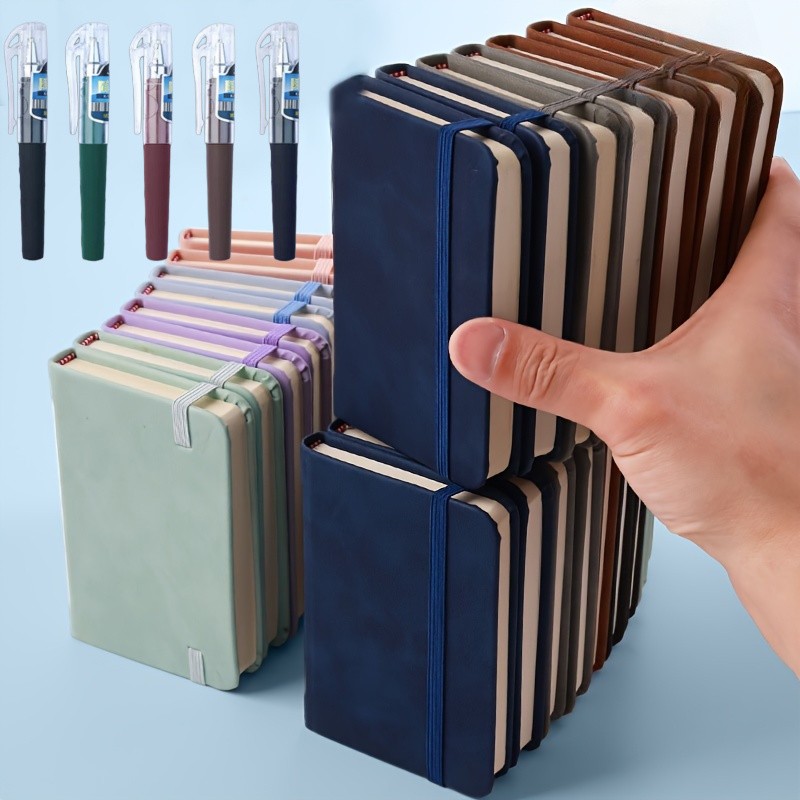 Set of 10 Faux Leather Notebooks with Coordinating Pen, 100 Lined Pages Each