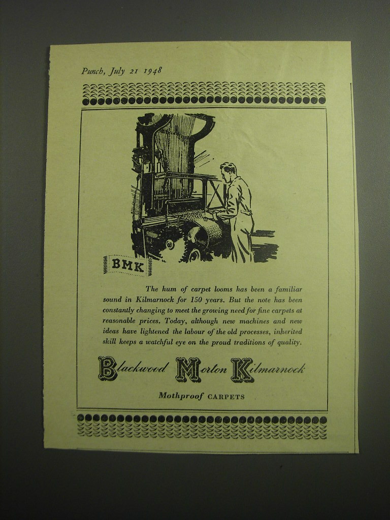 1948 BMK Carpets Ad - The hum of carpet looms has been a familiar sound