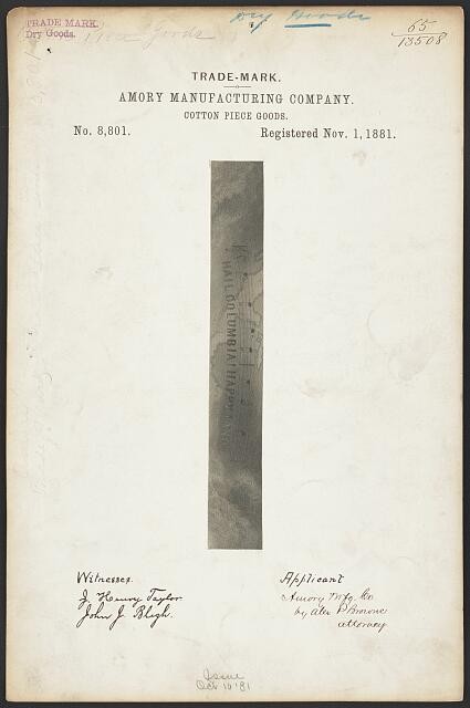1881 Amory Manufacturing Company Trademark Hail Columbia Happyland Cotton Goods