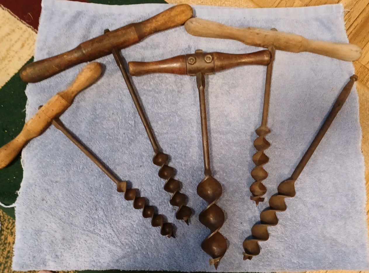 T Handle Wood Drills LOT of 5 Timber Frame Boring vintage auger barn beam Used