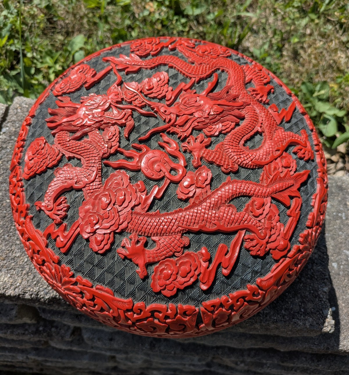Antique Red Cinnabar Carved Dragon Floral Red Laquer Asian Round Trinket Box