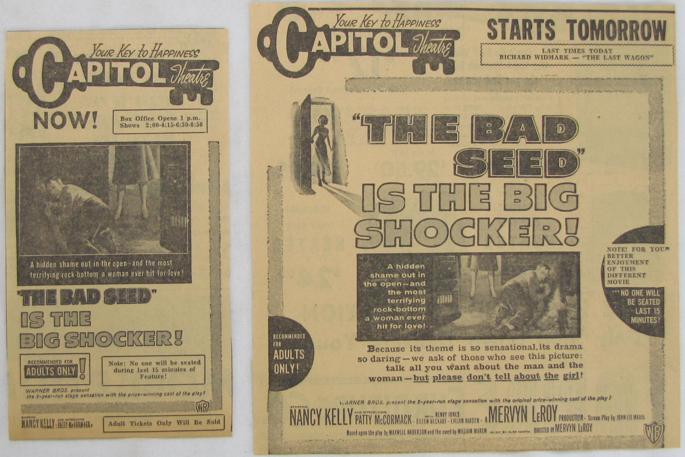 Vintage 1956 THE BAD SEED Nancy Kelly Movie Newspaper Print Ads