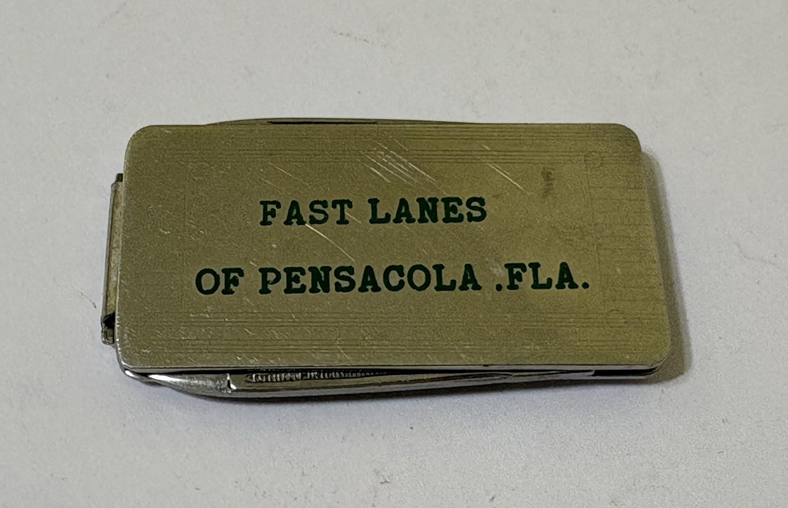 Vintage Fast Lanes of Pensacola Florida Advertising Waltcraft Money Clip / Knife