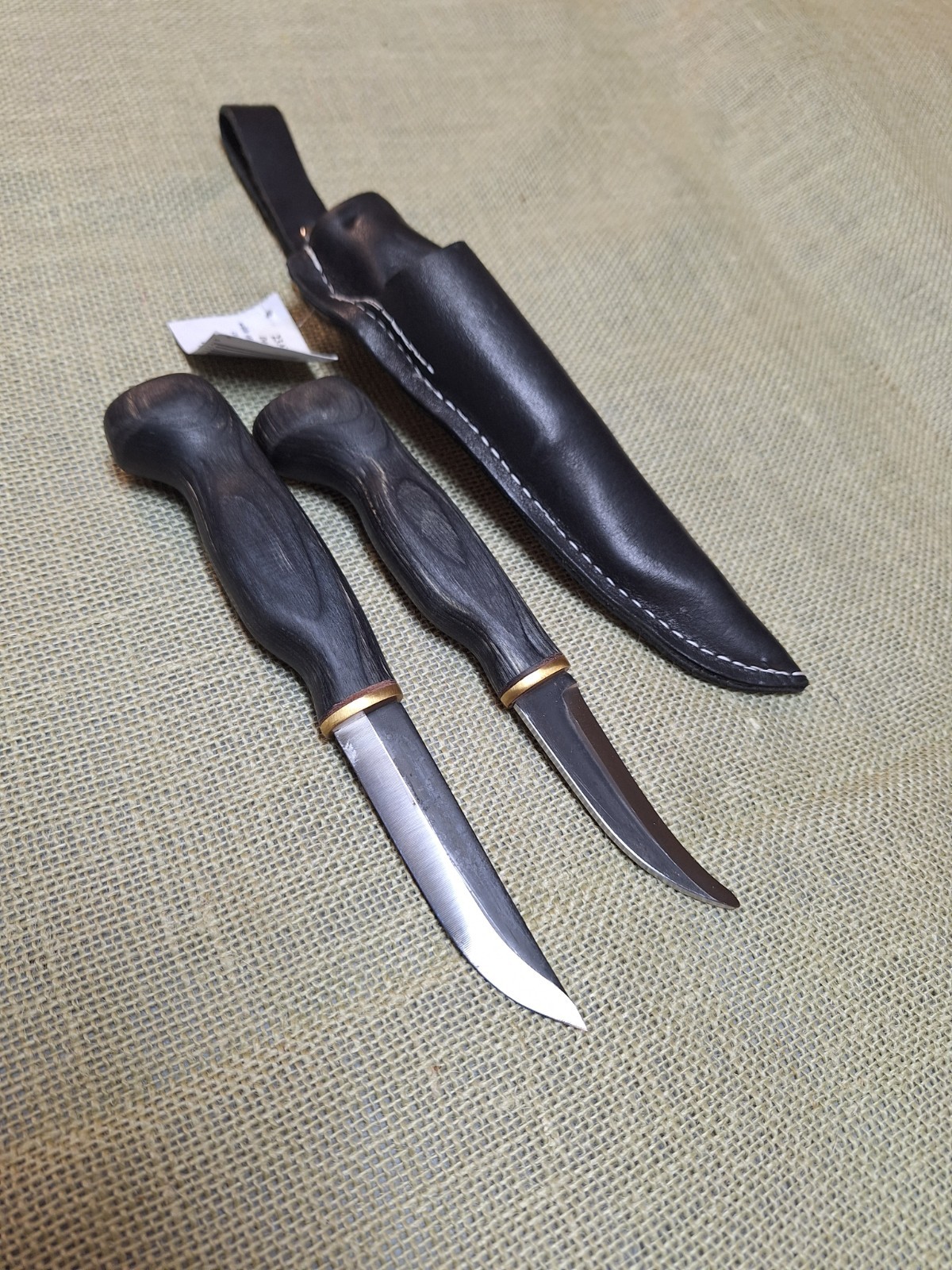 Wood Jewel Double Black Puuko Knife Set Carbon Blades  w/Sheath NEW OLD STOCK 