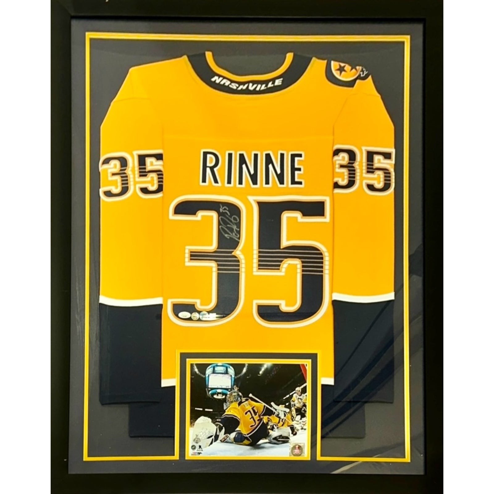 Pekka Rinne Autographed Nashville Predators (Gold #35) Vertical Framed Jersey -