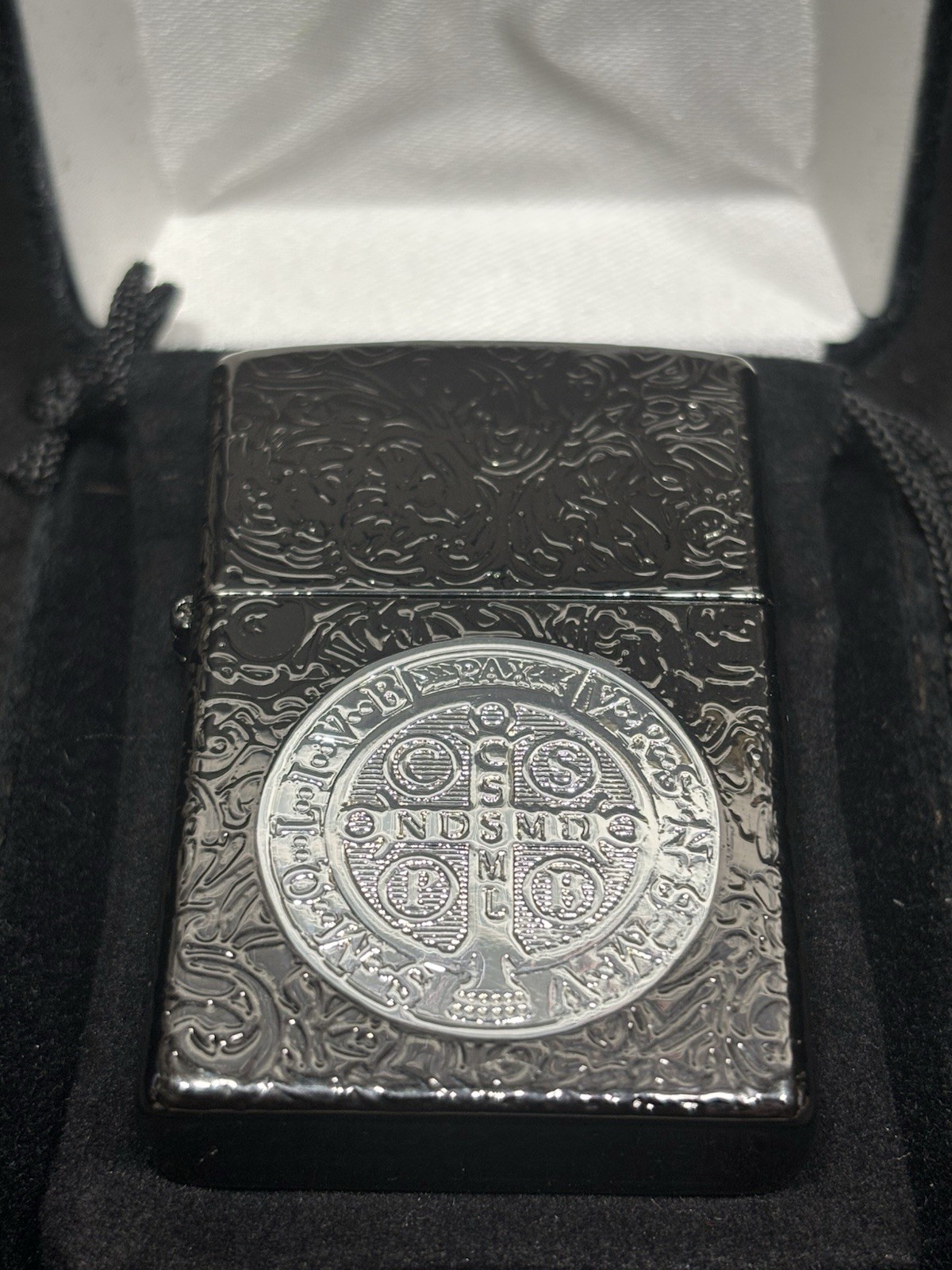 Zippo Windproof Black St. Benedict Lighter, Constantine, New In velvet Box