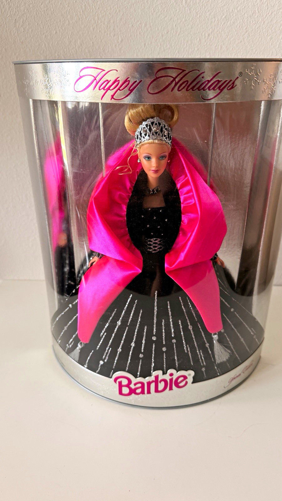 Barbie Happy Holidays Special Edition Boxed Figurine Black Dress Pink Shawl