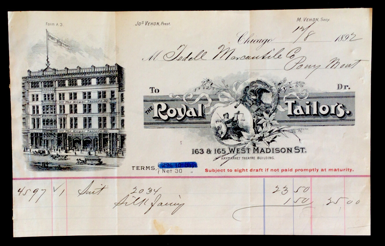 1892 Billhead Chicago Pony Montana Royal Tailors Isdell Merchantile co #b2