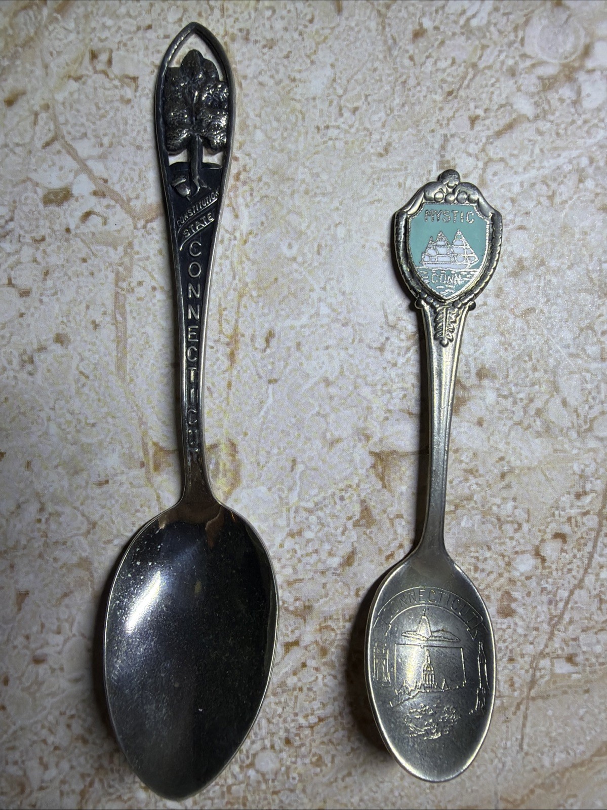 Lot of 2 Vintage Connecticut Souvenir Spoons Mystic Seaport Charter Oak