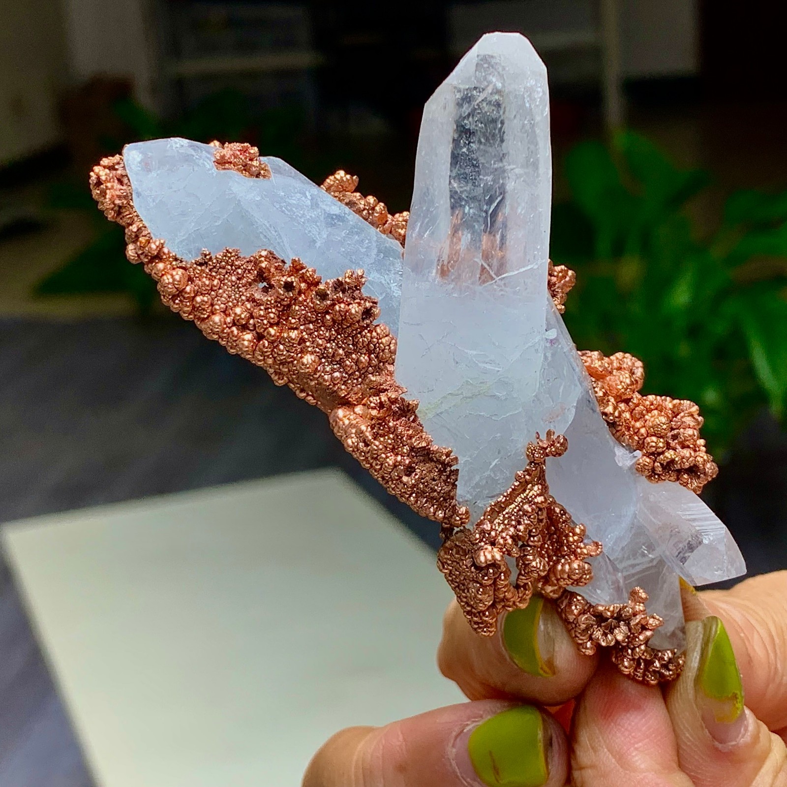 159G Rare iridescent Natural Copper + white quartz crystal mineral-symbiosis