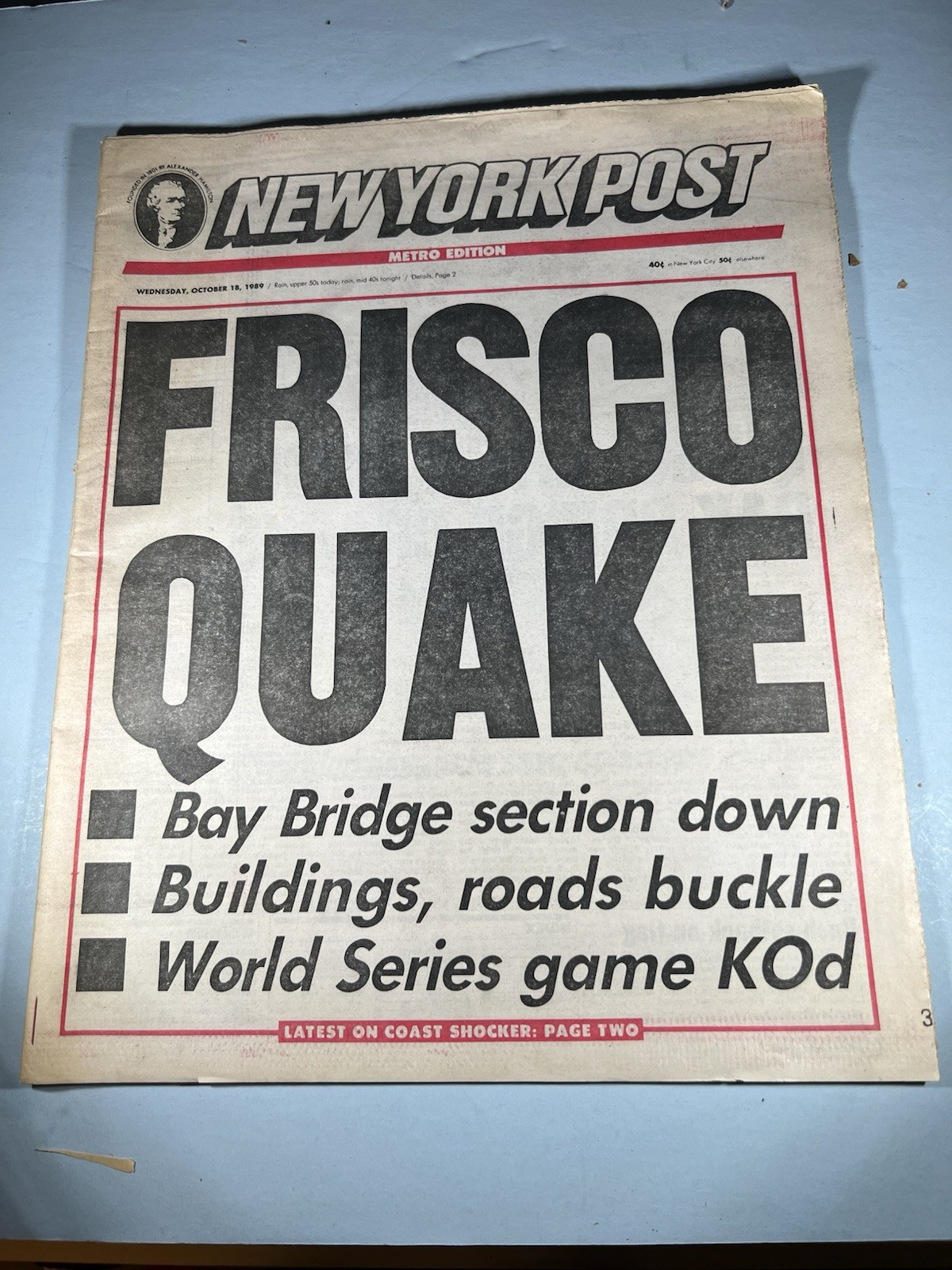 FRISCO QUAKE  New York Post 1989 Newspaper