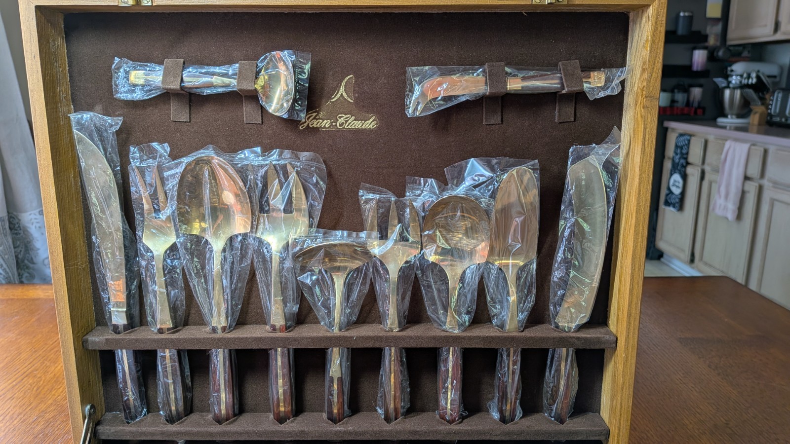 91 Piece Jean-Claude Rosewood & Bronze Complete Flatware & Servingware Set