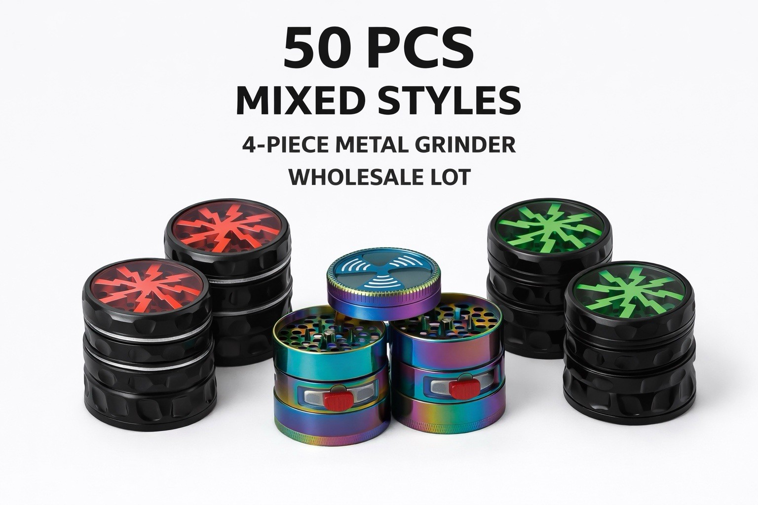 NEW 50 PCS Metal Grinder Bulk Lot – Mixed Styles – 4 Piece Design – Wholesale
