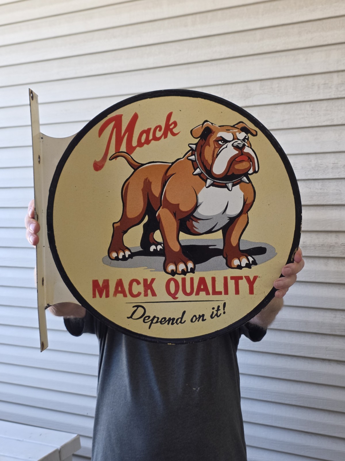 LARGE VINTAGE MACK QUALITY FLANGE DOUBLE SIDED PORCELAIN SIGN 17\