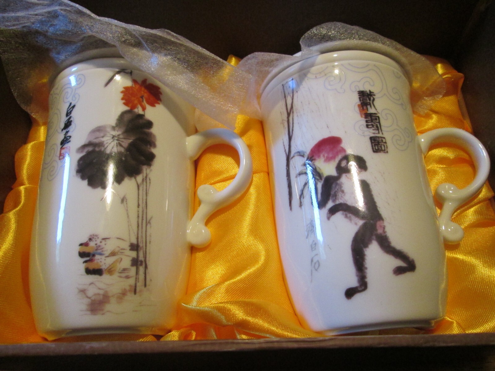 10 OZ JOYFUL MONKEY & BLISSFUL DUCKS MUG TEA SET CHINESE QI BAISHI CHEE BAI SHIR