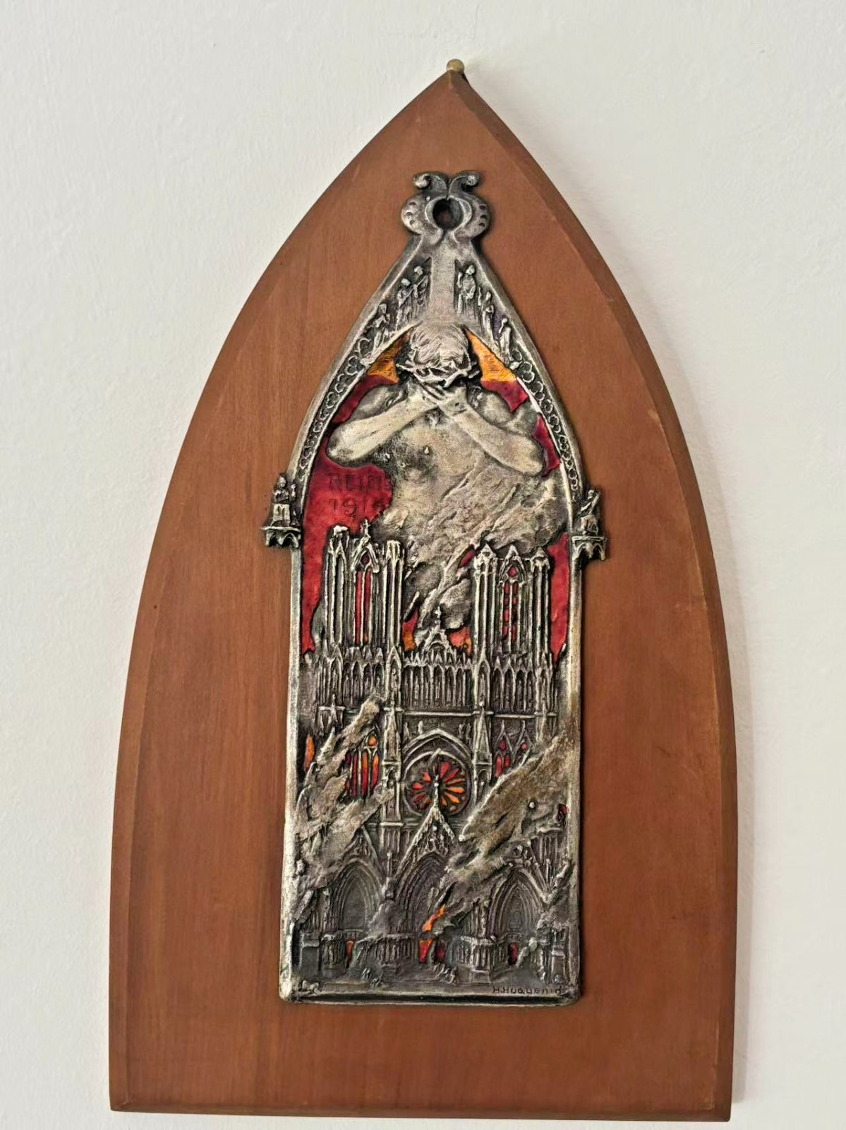 Vintage Reims 1914 Cathedral Wall Plaque WWI Gothic Religious Art Signed Hugueni