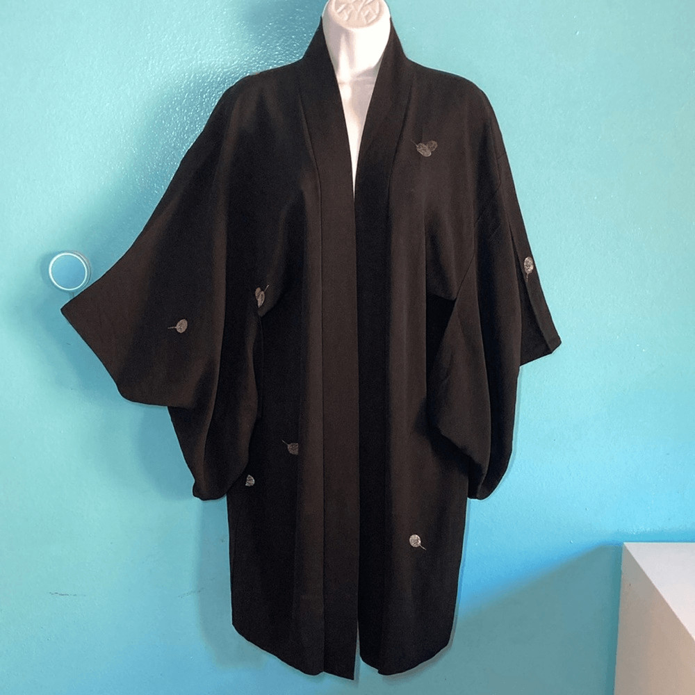 Vintage Silk Japanese Haori Kimono Jacket One Size Black Gold Silver Embroidered