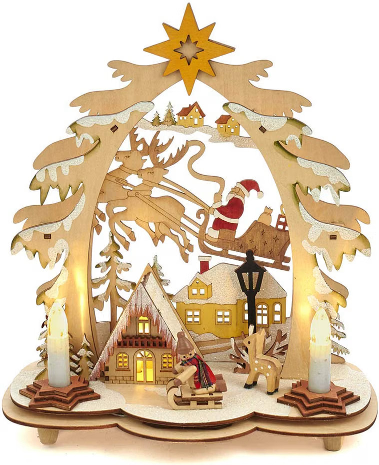 Kurt Adler Light-Up LED Wooden Village With Santa Battery-Operated, H6319 MIB