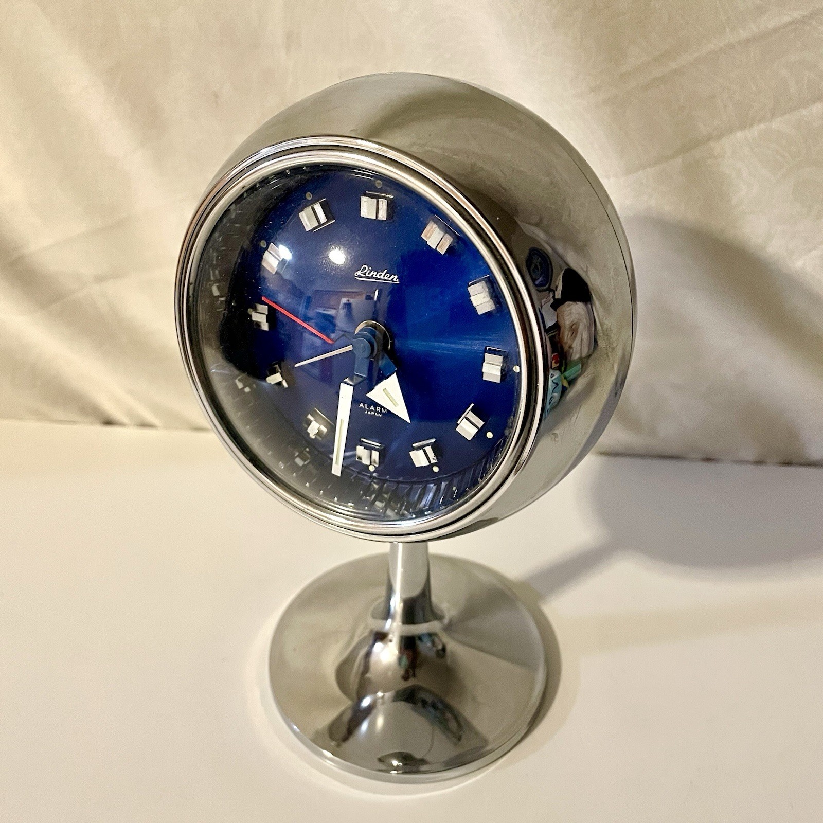 Vintage Linden Alarm Clock Japan Space Age Pedestal Chrome Orb Blue Face *Read
