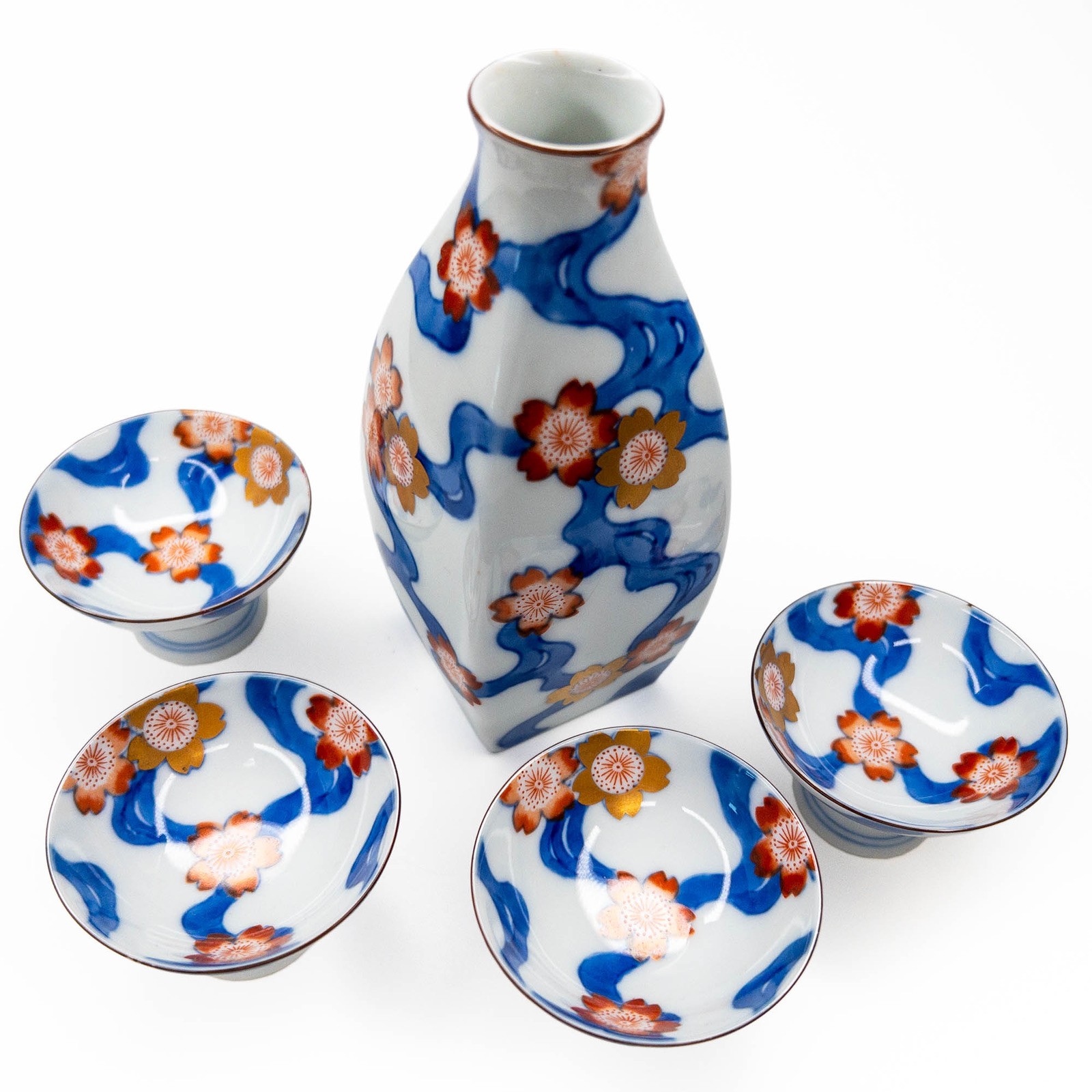 VTG 1970’s Japanese Sake Serving Set Arita-Yaki Sakura Motif Tokkuri & 4 Choko