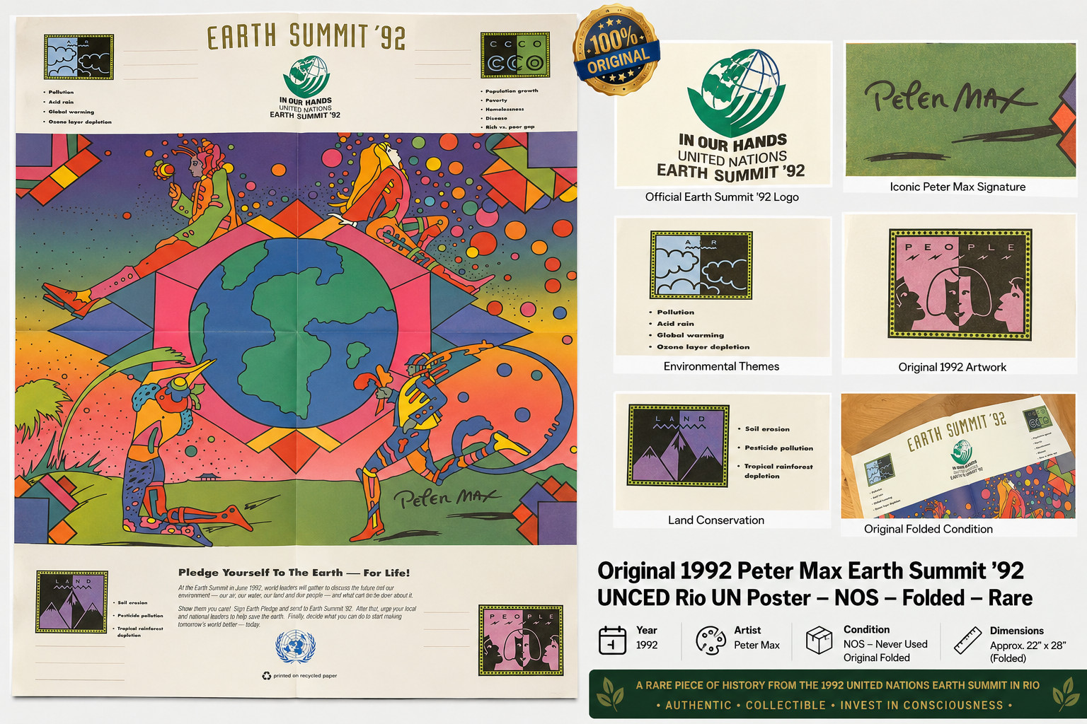 Original 1992 Peter Max Earth Summit '92 UNCED Rio UN Poster NOS Folded Rare