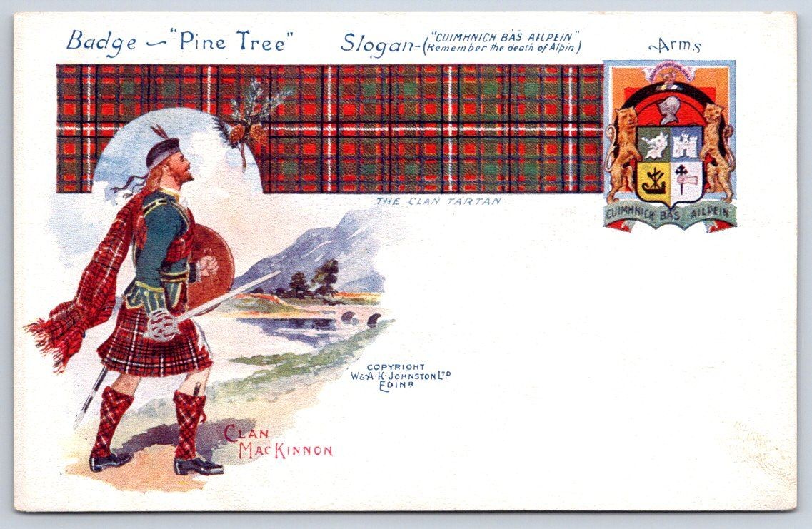 Antique Scotland Clan MacKinnon Highland Warrior Tartan Arms 1910