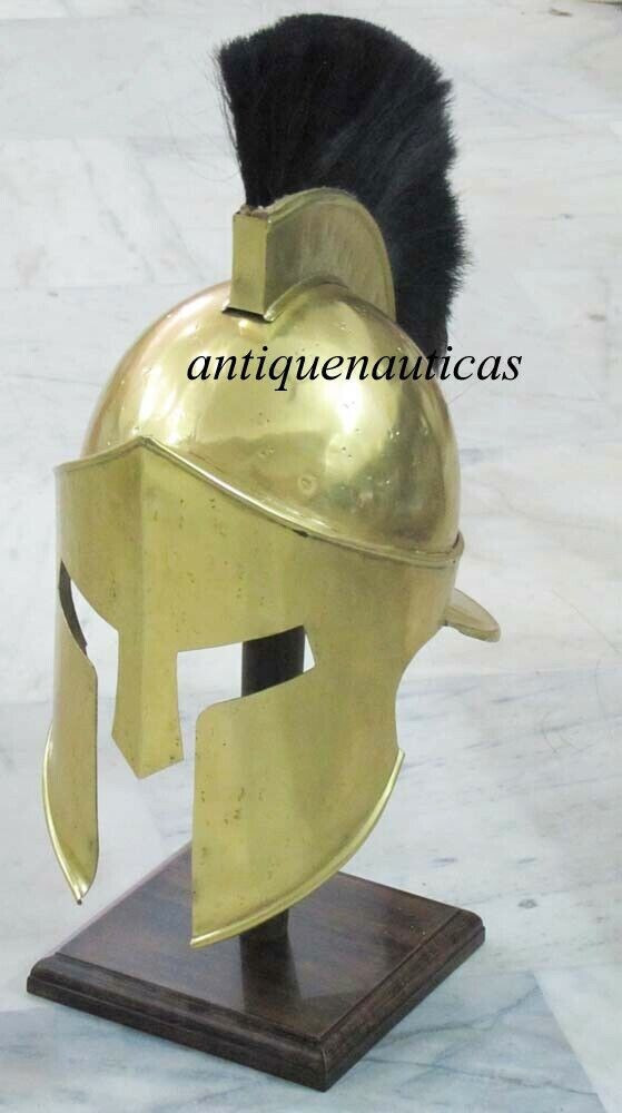 Greek Spartan Helmet Medieval Antique Finish Black Plume With Wooden Stand