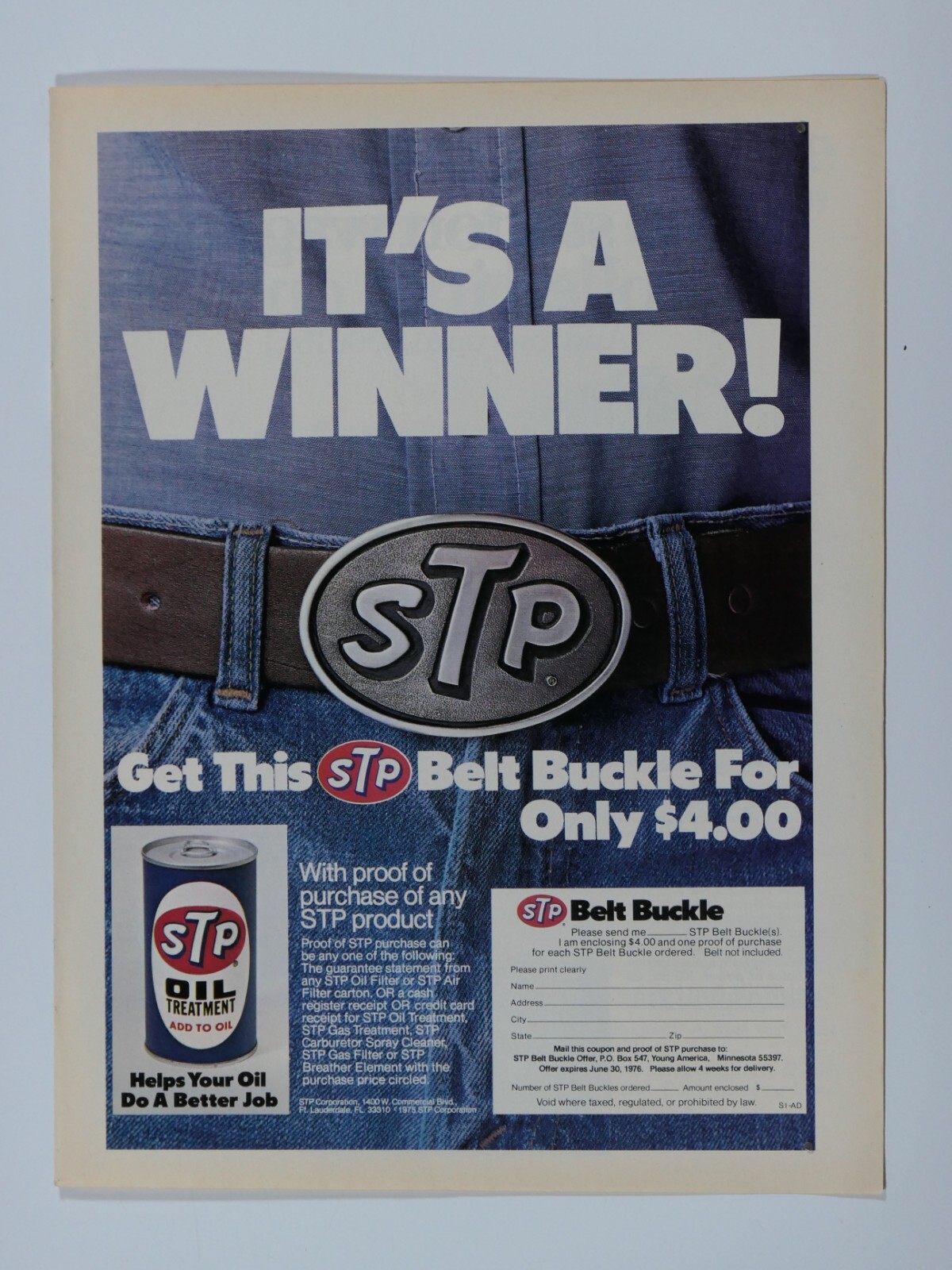 STP Belt Buckle Offer Vintage 1975 Original Print Ad 8.5 x 11