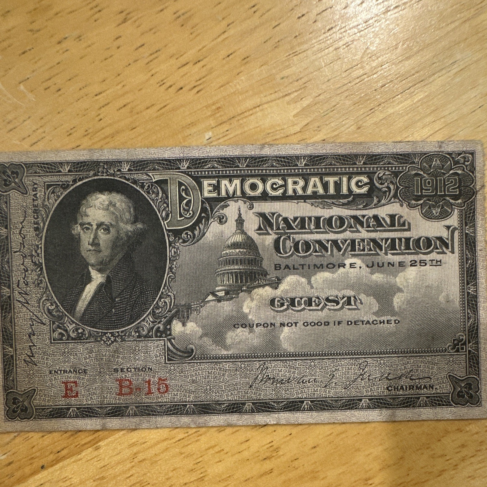 1912 Democratic National Convention Baltimore Guest Ticket/Coupon Paper Politics