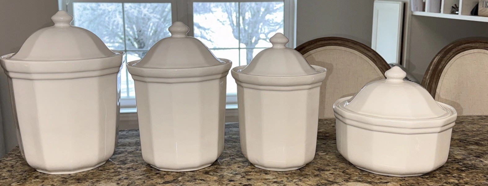Vintage Pflatzgraff Heritage White Canister Set , 11,10, 9,and 7 Inch Set