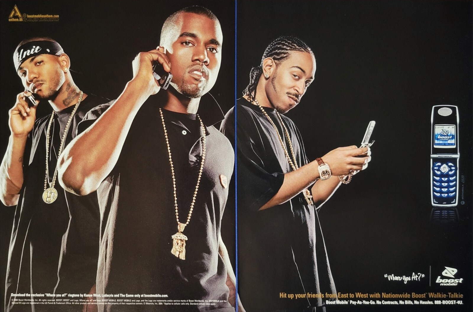 2004 Boost Mobile Kanye West Ludacris The Game Walkie-Talkie 2 pg Print Ad