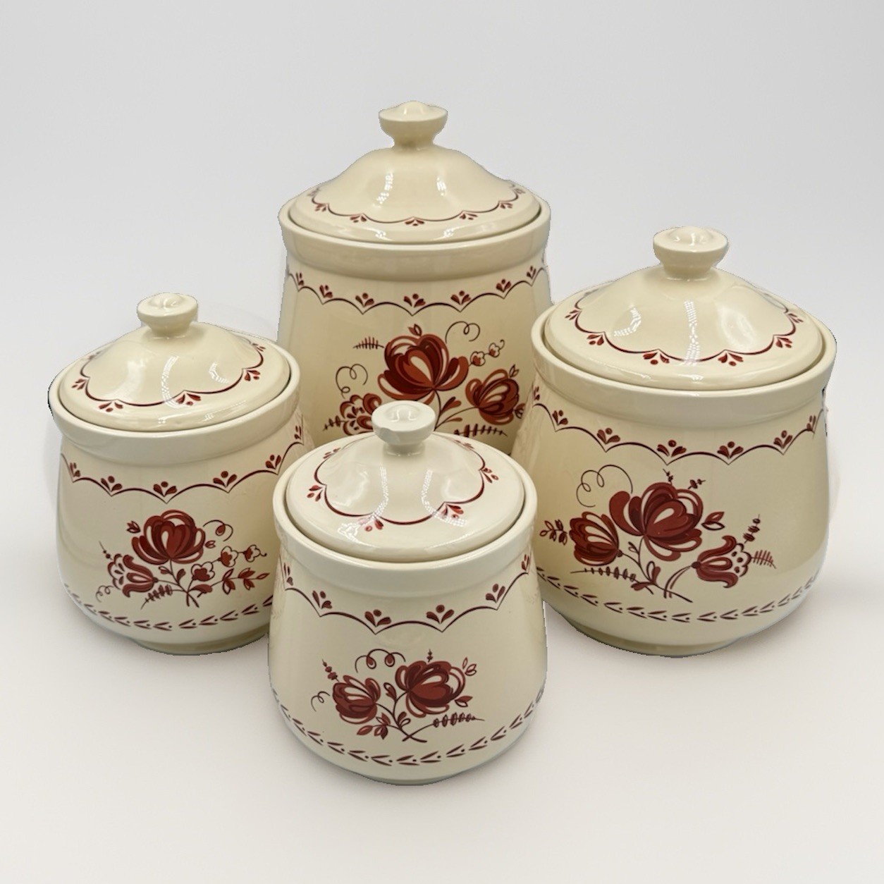 Vintage David Davir 4 Pc Ceramic Canister Set Country Cream Red Floral 1980’s