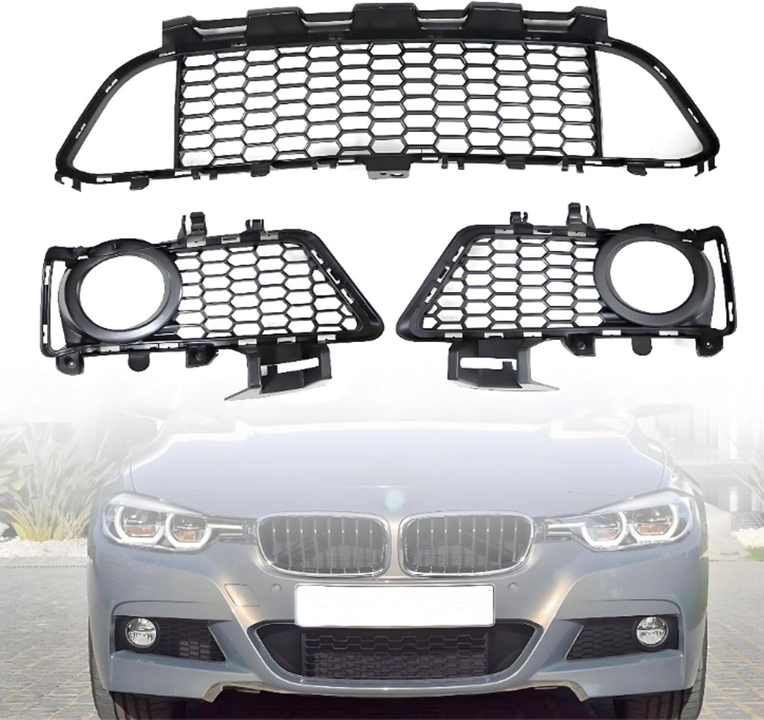 3PCS Lower Bumper Grille Front Left & Center & Right Compatible with BMW 3 Serie