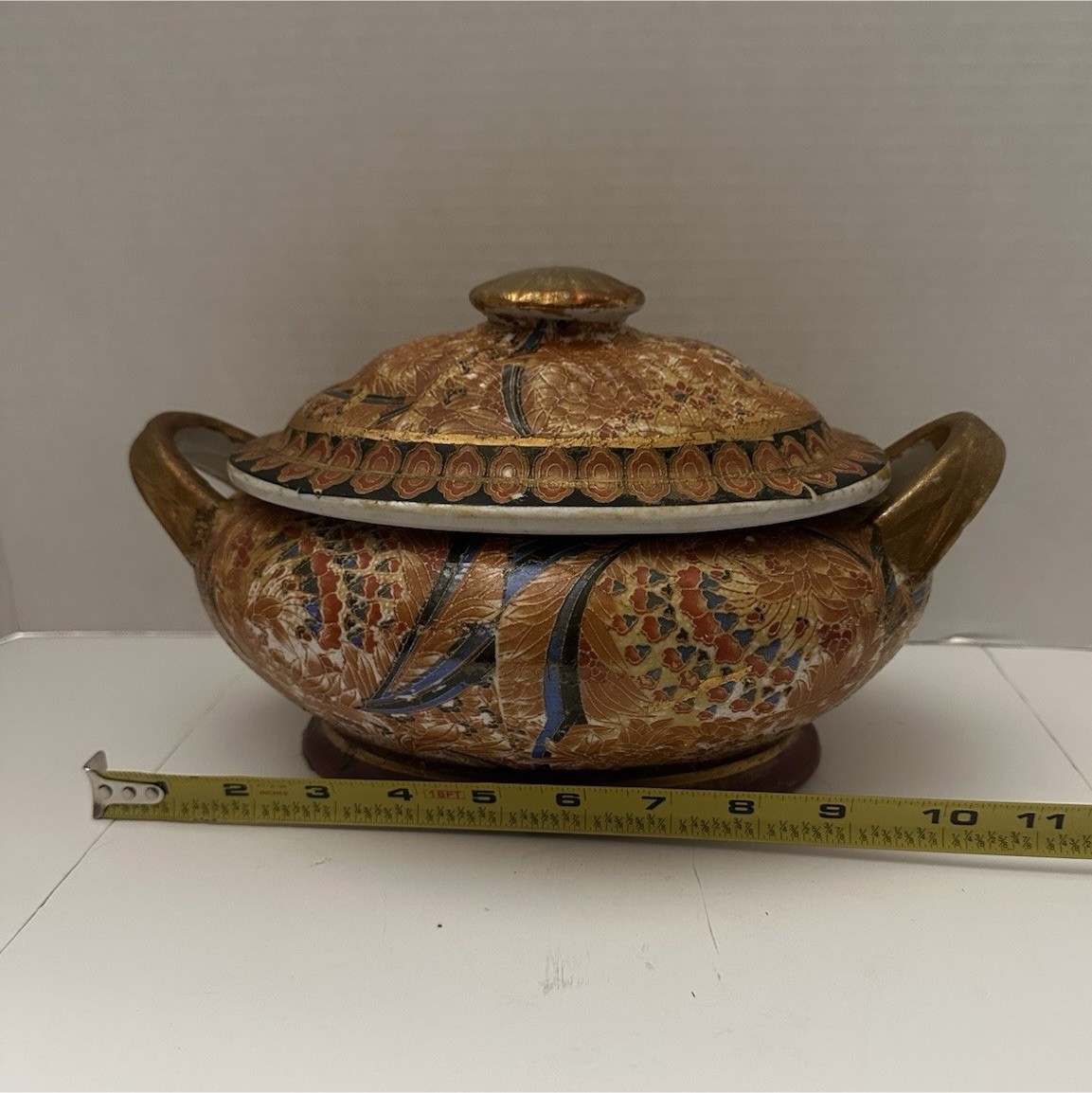 Gold Multicolor Floral Painted Ceramic Oval Tureen w/ Lid & Handles Set