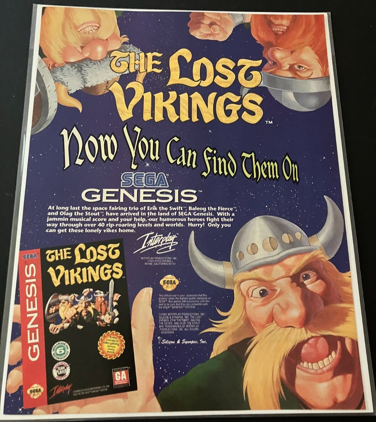 The Lost Vikings on SEGA Genesis - Vintage Gaming Print Ad / Poster / Wall Art