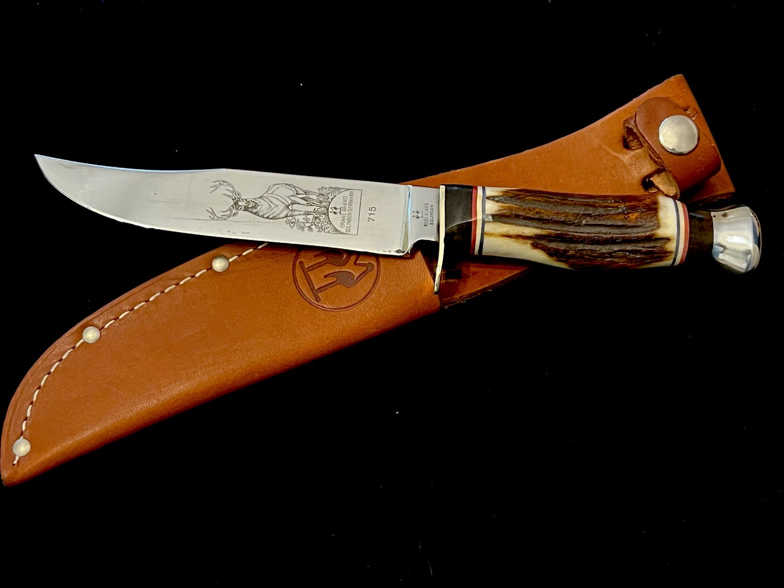 Vintage Kissing Crane Solingen Germany Stag Deer 9”Fixed Blade KC-715 Knife MINT