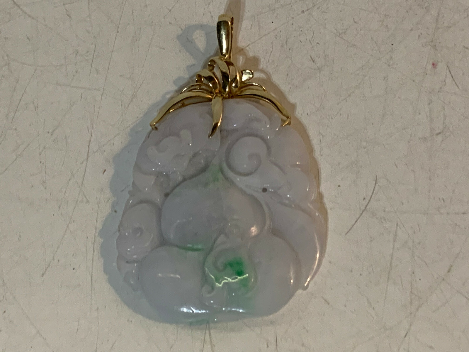 Vintage Chinese Lavender Jadeite Jade Gourd Bat Pendant Carving 14K Yellow Gold
