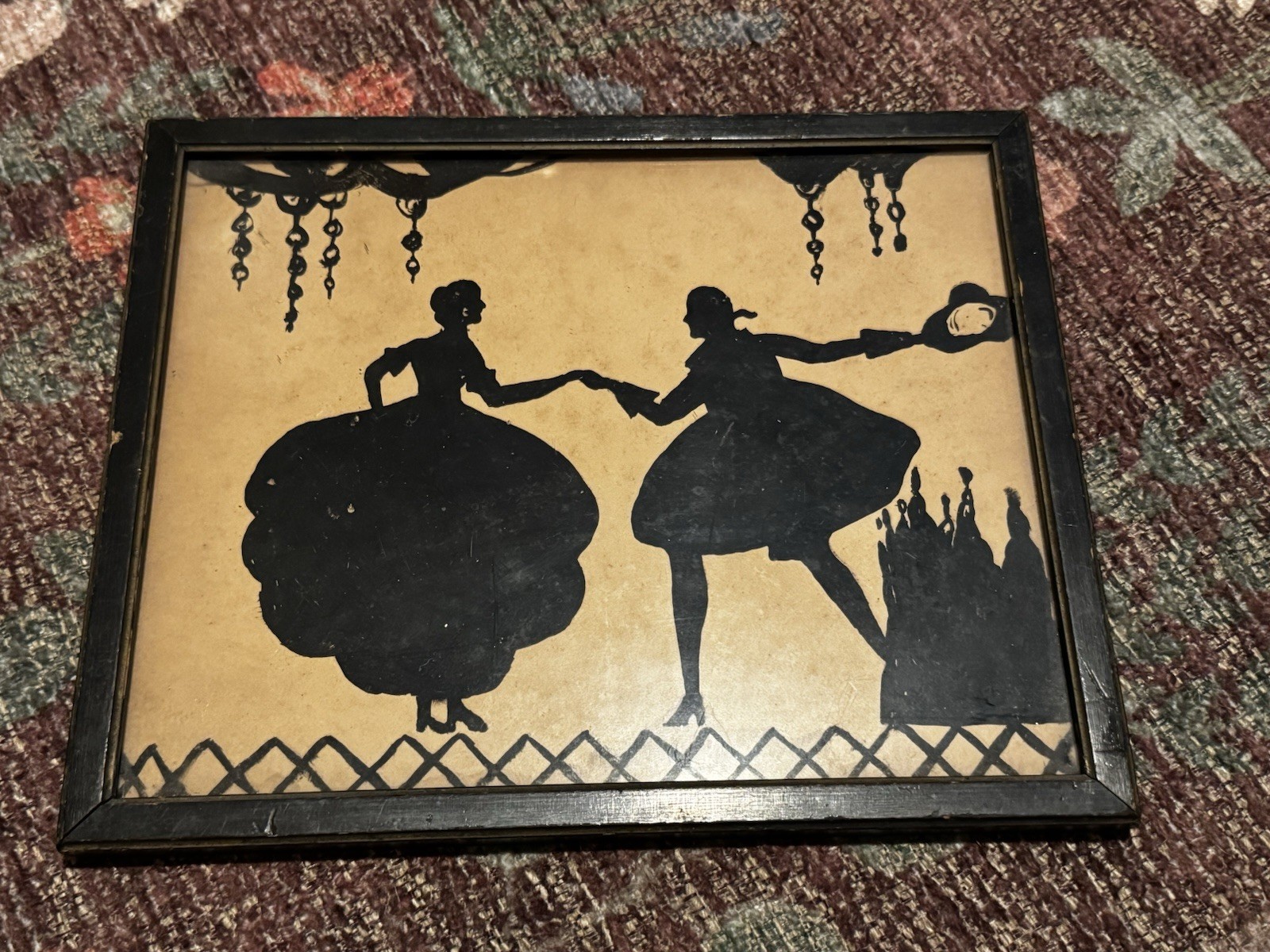 Antique Victorian Couple Silhouette Art Framed Wall Hanging Courting Dancing Vtg