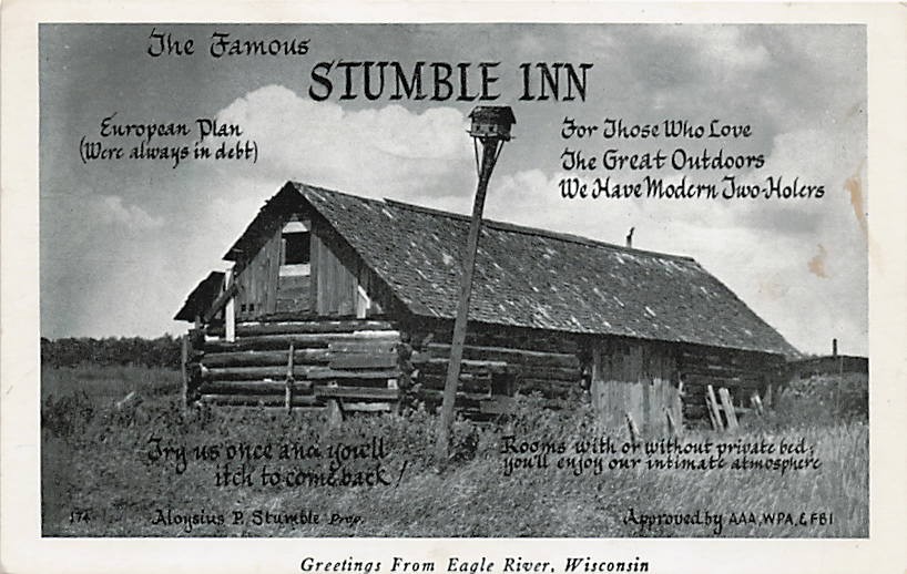 Postcard WI: Greetings from Eagle River, Wisconsin, Stumble Inn 1948