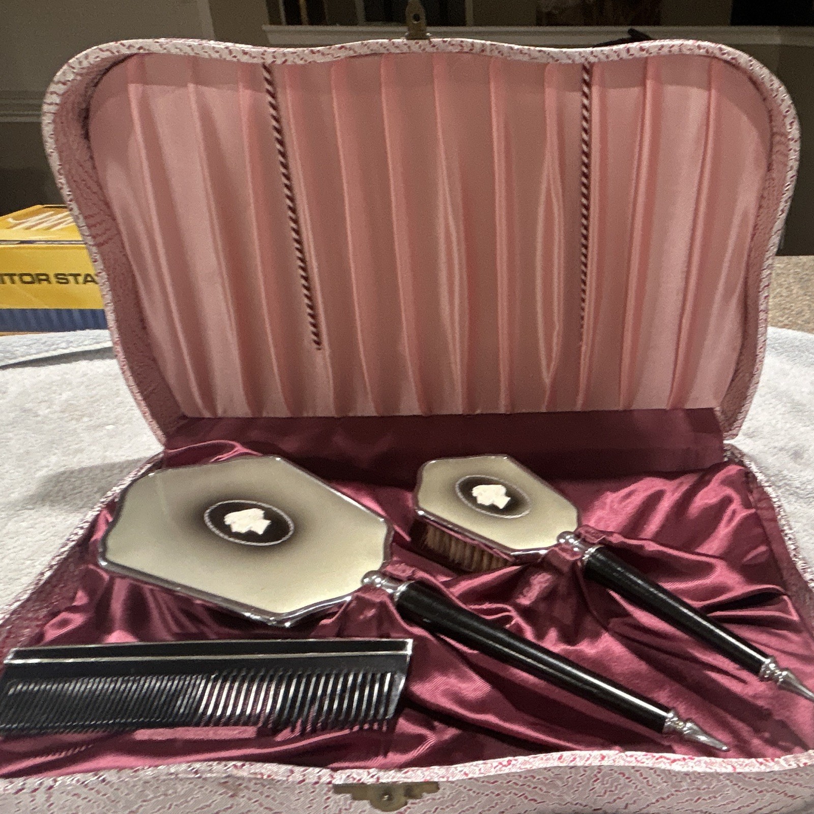 Vintage Vanity Grooming Set Case w/ Mirror Brush Comb, Cameo Inlay, Pink Lined