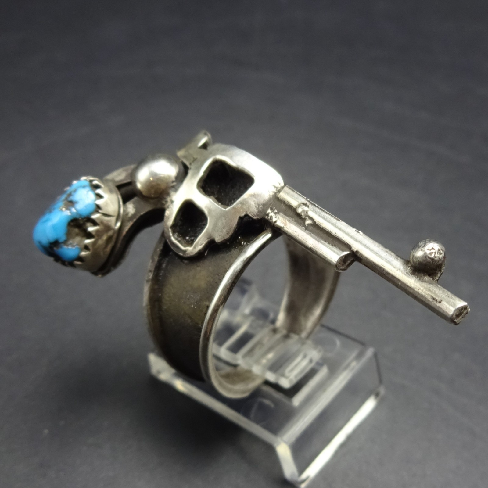 Taos Artist FRANK VALDEZ Sterling Silver and Turquoise REVOLVER RING size 8.5