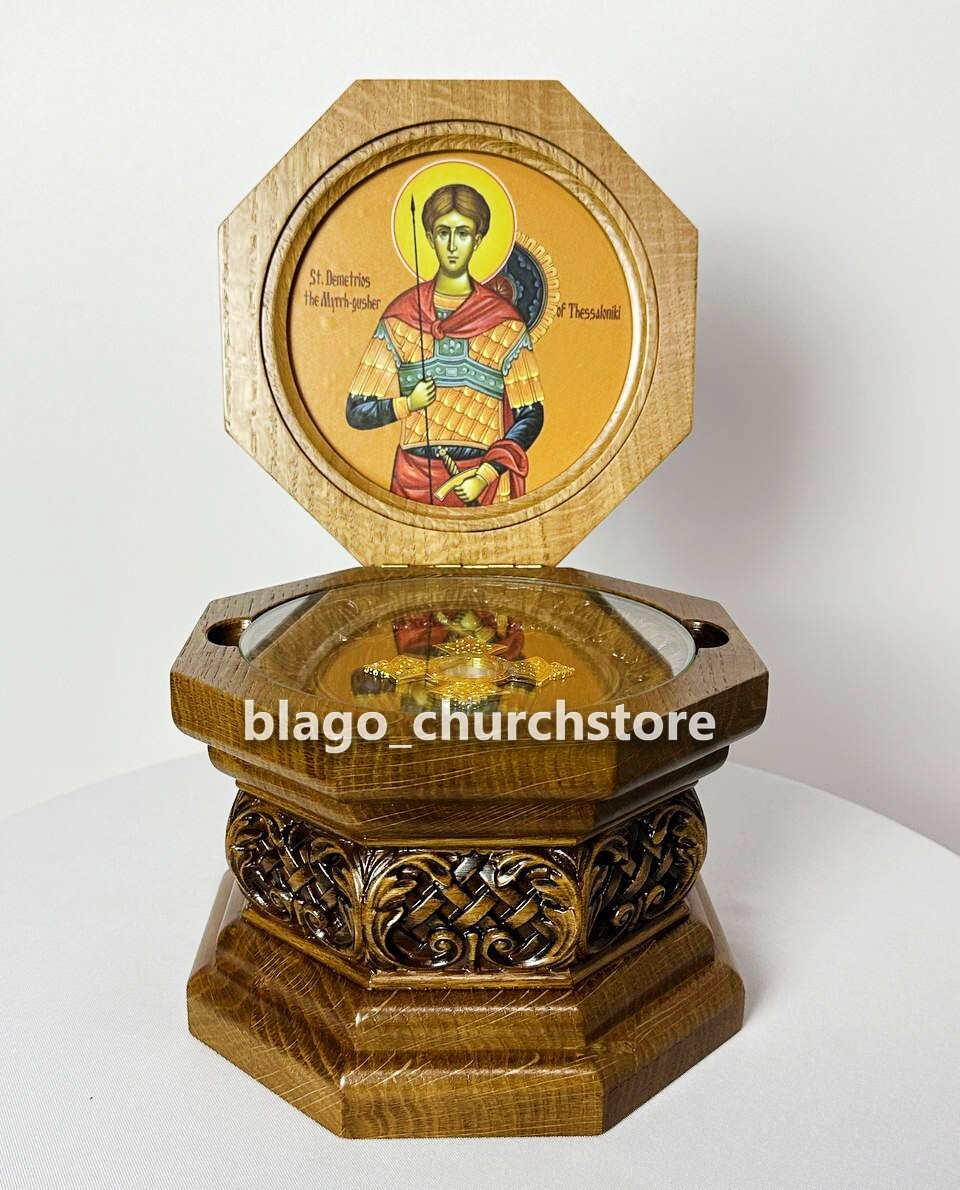 Orthodox Reliquary Box Wood Carved Ark with icon of St. Demetrios 7.48