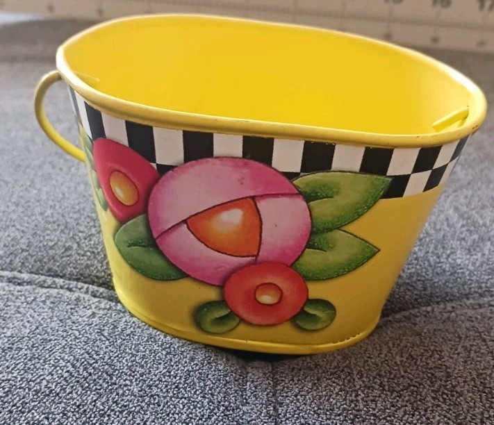 Mary Engelbreit Tin Metal Pail Yellow Basket Egg Flower Rare