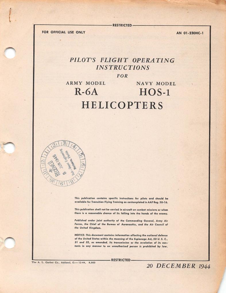 1944 AAF SIKORSKY R-6A HOVERFLY II HELICOPTER PILOT FLIGHT MANUAL HANDBOOK-CD